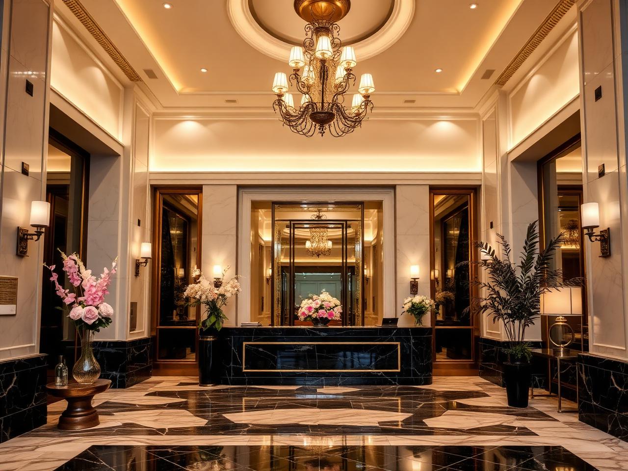 Boutique hotel lobby with chandelier and marble floors