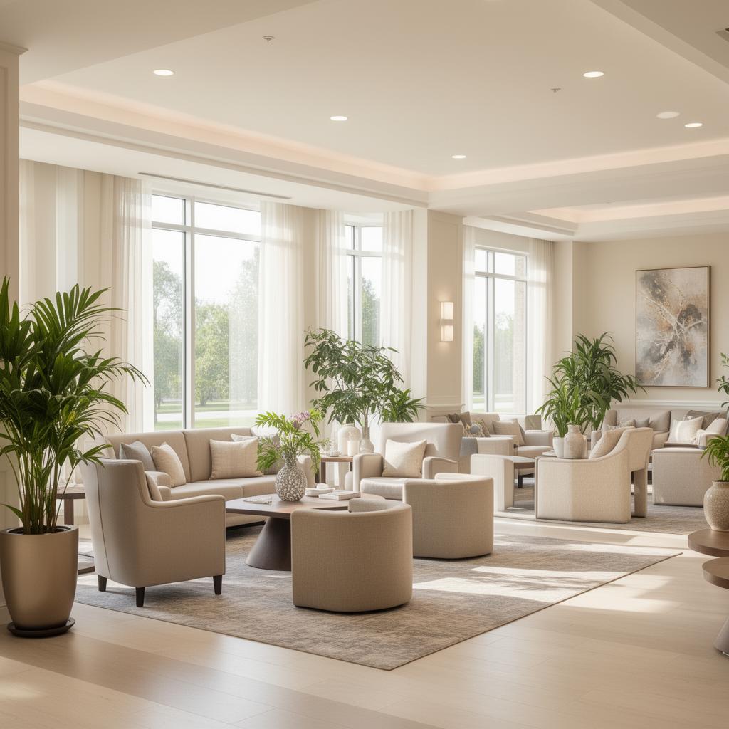 Bright modern senior living common room with plants