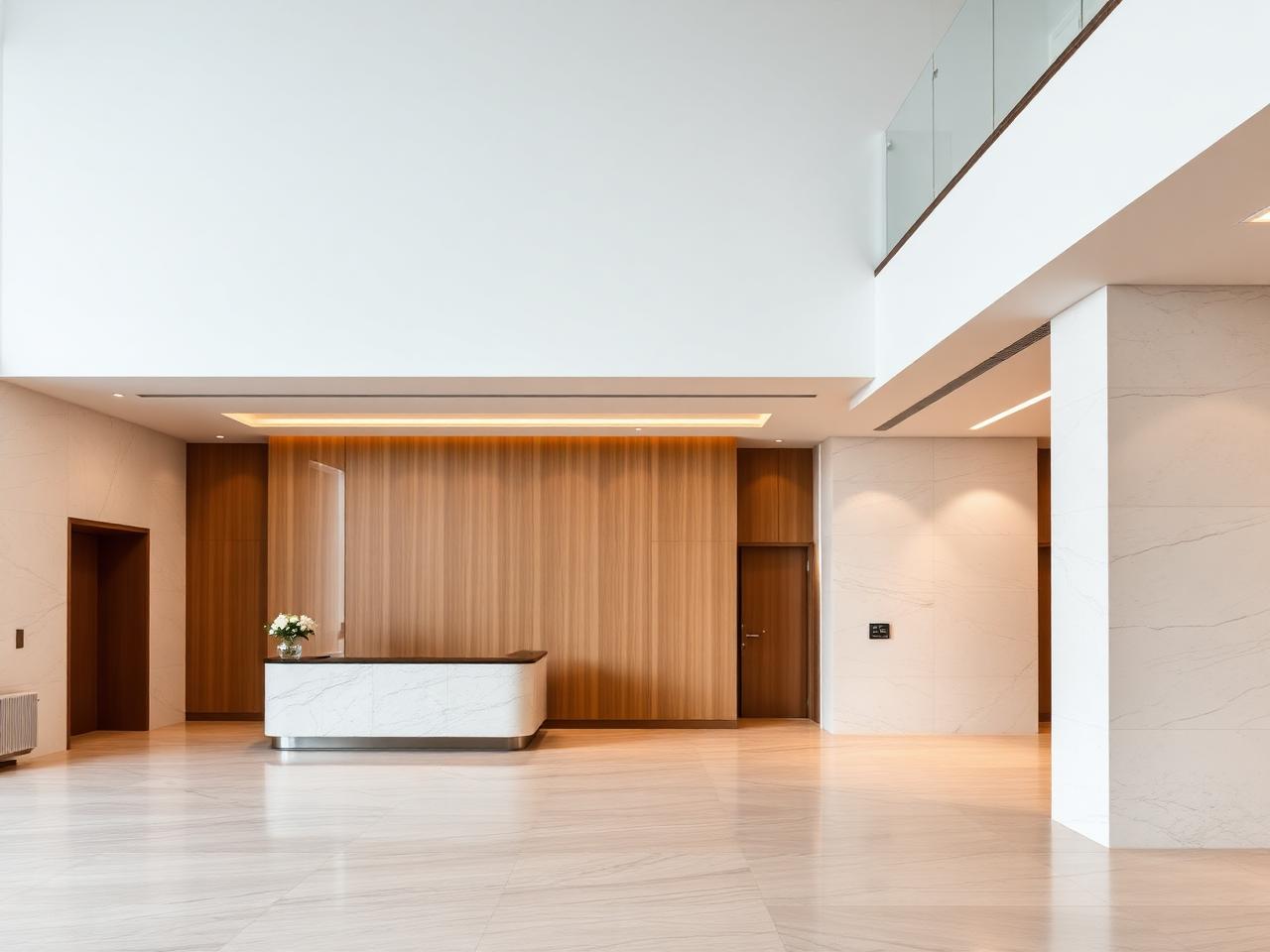 Luxury high-rise residential lobby with marble reception